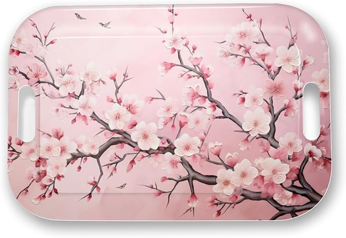 Serving Trays with Handles, 14.5 x 9.8 inch Rectangular Plastic Tray for Restaurant, Kitchen, Pink Cherry Blossom-Ruum Studio Home