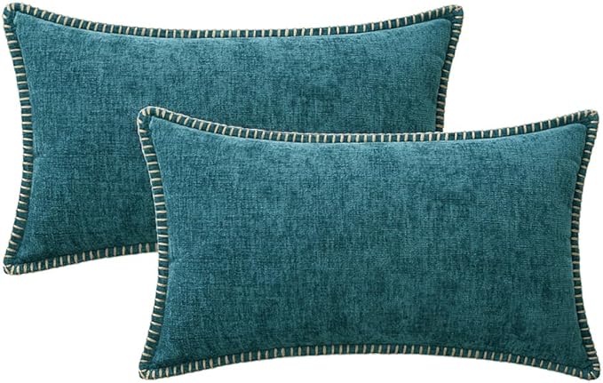 MIULEE Pack of 2 Couch Throw Pillow Covers 12x20 Inch Dark Teal Farmhouse Decorative Pillow Covers with Stitched Edge Soft Chenille Solid Dyed Spring Pillow Covers for Sofa Bed Living Room-Ruum Studio Home