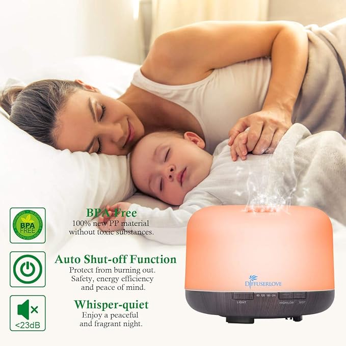 Diffuserlove Essential Oil Diffuser 500ML Aromatherapy Diffuser Mist Humidifiers 7 Color LED Lights Diffusers for Home Office Bedroom (Size:6.7" L x 6.7" W x 4.7" H)-Ruum Studio Home