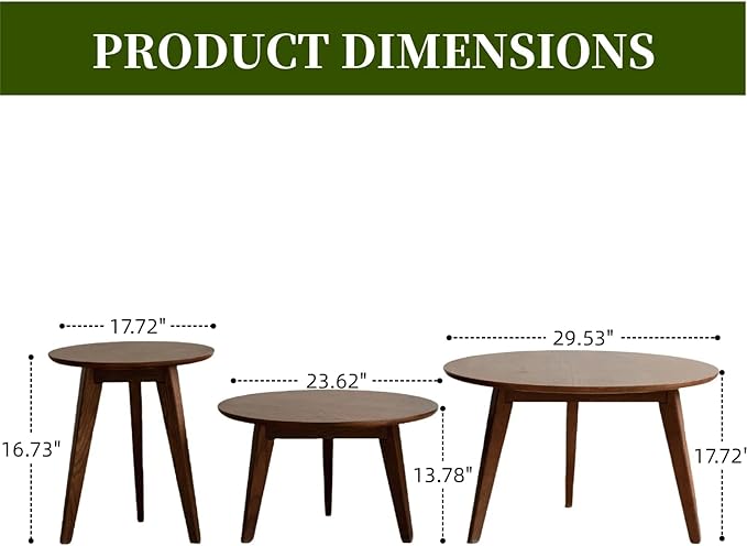 100% Solid Oak Wood Coffee Table Set, Round Coffee Table Combo Side Table w/Solid Wood Legs, Mid Century Table Sturdy Tables for Bedroom Balcony Living Room (Walnut, 3 Pieces)-Ruum Studio Home