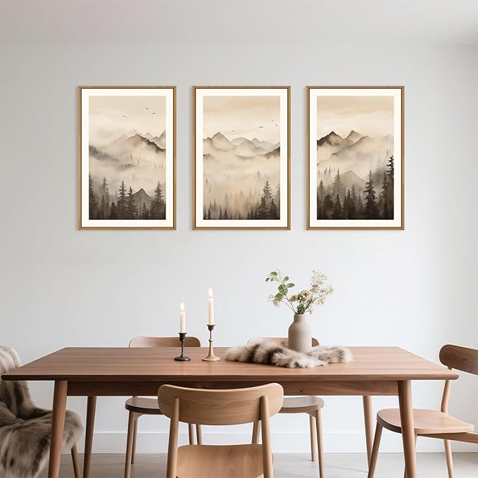Celestdeco Nature Misty Forest Framed Canvas Wall Art Set, Foggy Landscape Wall Decor, Watercolor Pine Tree Wall Painting, Large Mountains Art Print for Living Room, Bedroom, Office - 24"X36"X3-Ruum Studio Home