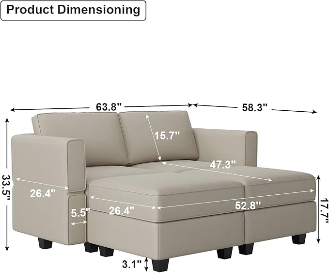 Belffin Modular Sectional Sofa with Reversible Chaise L Shaped Couch with Ottoman Modular Sofa Couch with Storage Grey-Ruum Studio Home