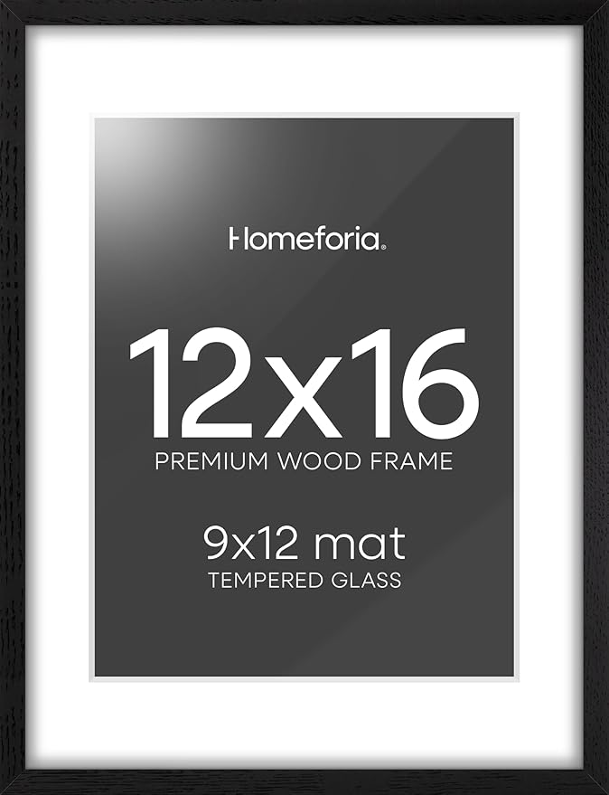 Homeforia 12x16 Black Wood Picture Frame, High End Oak 12x16 Poster Frames with Mat 9x12 Print, 12 x 16 Black Wooden Frame Matted to 9 by 12 Photo, 16x12 Thin Frame, Tempered Glass, Wall Kit, Set of 1-Ruum Studio Home