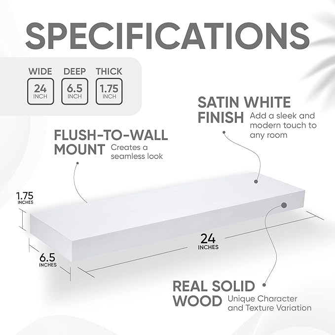 Homeforia White Floating Shelves 24 inch, High End Solid Real Wood 24inch Bathroom Floating Shelf for Wall Mounted, White Wooden 24in Floating Shelves, Heavy Duty Bracket, 24 X 6.5 X 1.75 in, Set of 4-Ruum Studio Home
