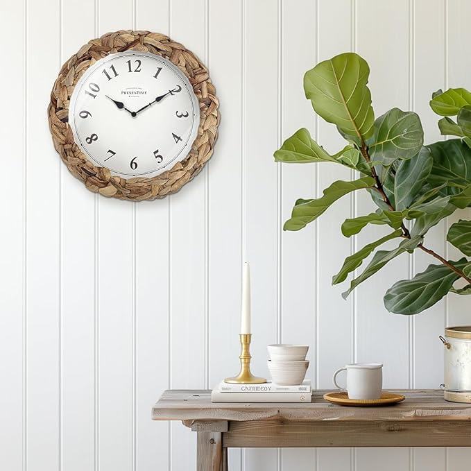 Presentime & Co Farmhouse Series, Rustic Woven Clock, 10.5 inch, Natural Woven Water Hyacinth/Sea Grass. Wall Sculpture, Wall Art and Timepiece for Home Decoration/Decoration/Farmhouse Décor.-Ruum Studio Home