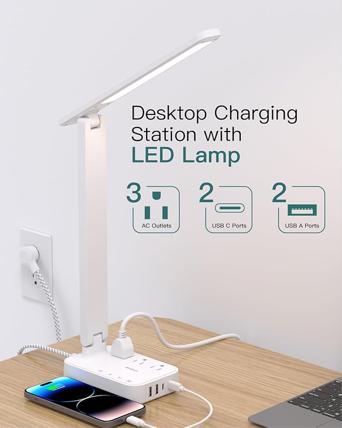 Addtam LED Desk Lamp, Power Strip with 3 Outlets 4 USB Charging Ports(2 USBC), 4 Modes 5 Level Brightness Touch Lamp, Small Desk Lamp for Home Office College Dorm Room Essentials, White-Ruum Studio Home