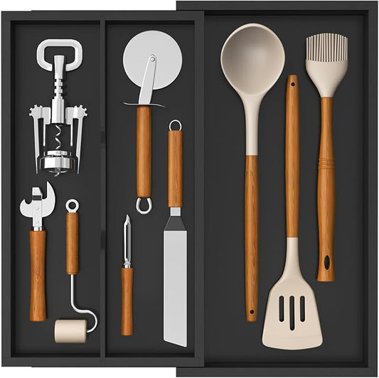 Lifewit Utensil Drawer Organizer, Expendable Cooking Silverware Tray for Kitchen Drawer, Bamboo Adjustable Cutlery Flatware Holder, Spatula Tools and Gadgets Storage Divider, 3 Compartments, Black-Ruum Studio Home