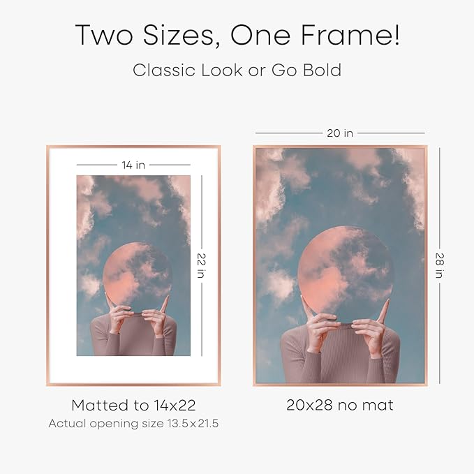 Homeforia 20x28 Frame Rose Gold, High End Metal 20x28 Poster Frames with Mat 14x22 inch Photo, 20 x 28 Rose Gold Picture Frame Matted to 14 by 22 Print, 28x20 Frame, Tempered Glass, Wall Kit, Set of 1-Ruum Studio Home