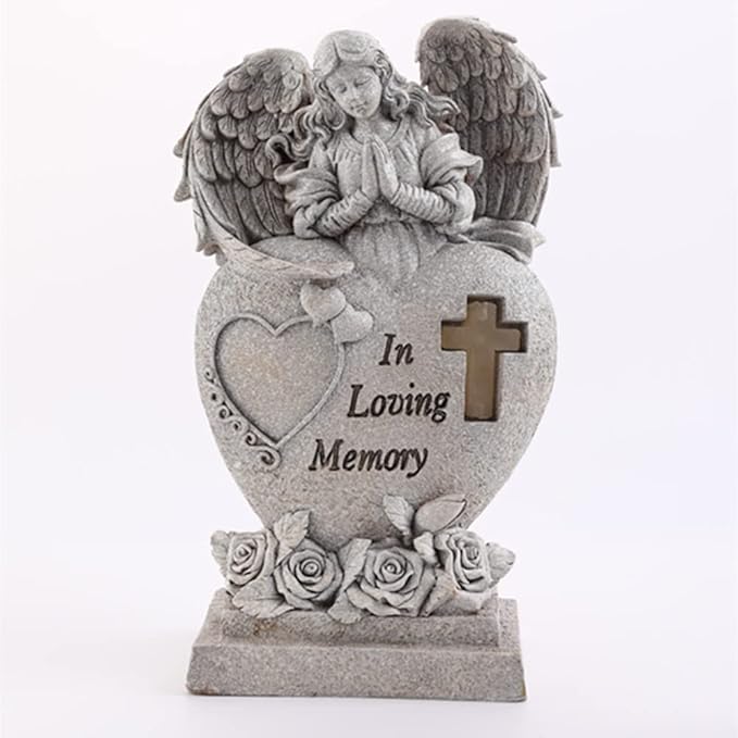 Garden Angel Statue with Cross Solar LED Light, Memorial Gifts for Loved Ones, Cemetery Grave Decorations-Ruum Studio Home