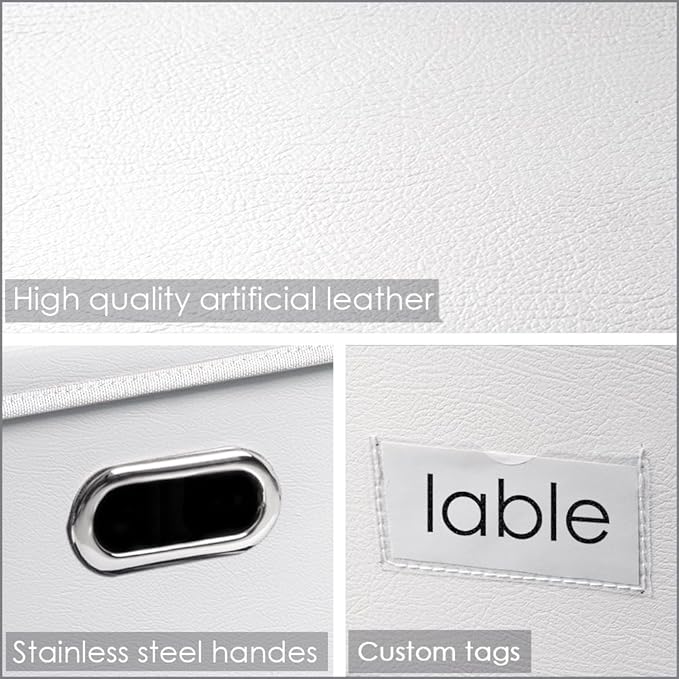 PRANDOM Collapsible Storage Box with Lid [3-Pack] Leather Fabric Foldable Storage Bin Organizer Container Basket Cube with Cover for Home Bedroom Closet Office Nursery White(13.6x9.6x6.9)-Ruum Studio Home