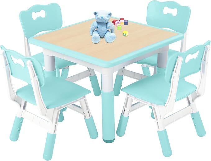 FUNLIO Kids Table and 4 Chairs Set, Height Adjustable Toddler Table and Chair Set for Ages 3-8, Easy to Wipe Arts & Crafts Table, for Classrooms/Daycares/Homes, CPC & CE Approved (5-Piece Set) - Green-Ruum Studio Home