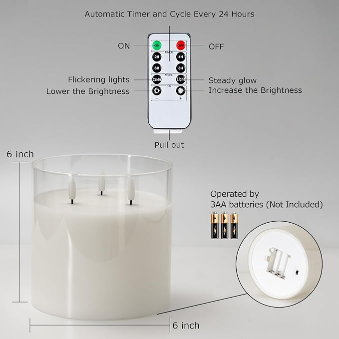 Homemory 6X6'' Extra Large Flameless Candle with 3 Wicks, Glass LED Pillar Candle, Real Wax Battery Operated Candle with Remote Control and Timer, Pure White-Ruum Studio Home