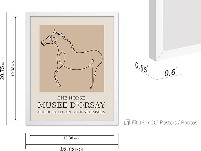 Poster Master Vintage Poster - Retro Minimalist Print - Gift for Artist, Friend - Horse, Line Drawing, Sketch, Abstract - Wall Decor for Living Room, Bedroom, 16x20 White Framed-Ruum Studio Home