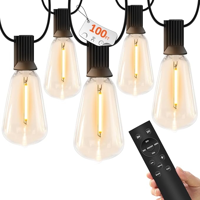 100 FT Outdoor String Lights for Outside, IP65 Waterproof ST38 LED Shatterproof Bulbs, Dimmable & Timable, 3 Light Modes, Hanging Patio Edison Lights for Porch Backyard Cafe Bistro-Ruum Studio Home