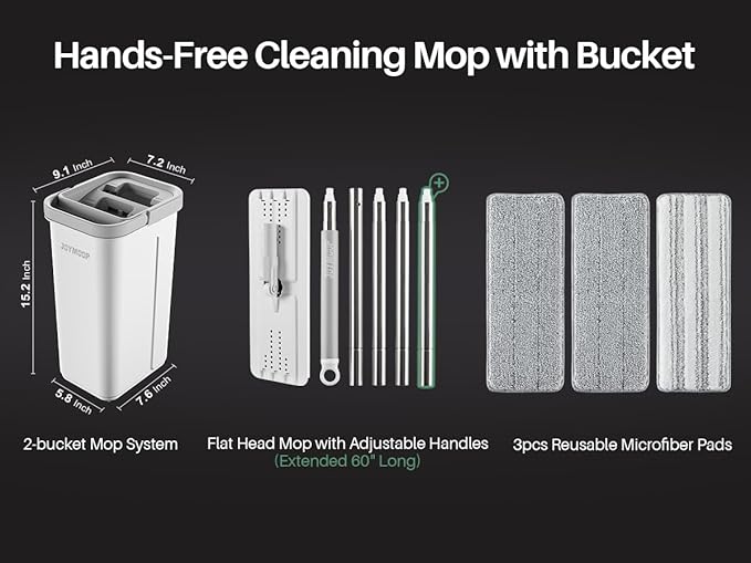 JOYMOOP Mop and Bucket with Wringer Set, Hands Free Flat Floor Mop and Bucket, 60" Mop with 3 Reusable Microfiber Pads, Wet and Dry Use, Floor Cleaning System-Ruum Studio Home