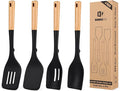 Pack of 4 Silicone Kitchen Utensils Set, Non Stick Solid Spatulas and Heat Resistant Slotted Spoons with Wooden Handle, Ideal BPA Free Cooking Utensils for Mixing,Serving,Turning,Stirring(BLACK)-Ruum Studio Home