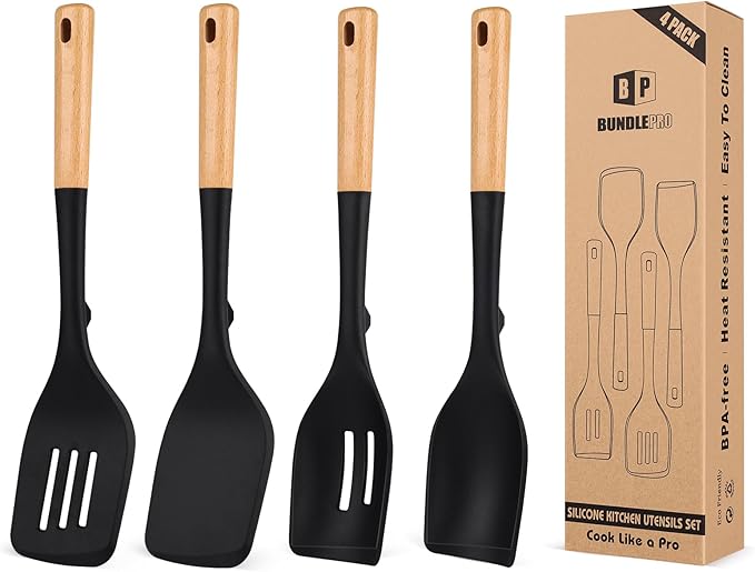Pack of 4 Silicone Kitchen Utensils Set, Non Stick Solid Spatulas and Heat Resistant Slotted Spoons with Wooden Handle, Ideal BPA Free Cooking Utensils for Mixing,Serving,Turning,Stirring(BLACK)-Ruum Studio Home