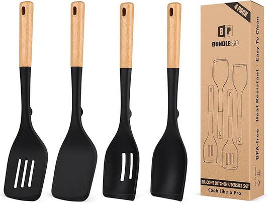 Pack of 4 Silicone Kitchen Utensils Set, Non Stick Solid Spatulas and Heat Resistant Slotted Spoons with Wooden Handle, Ideal BPA Free Cooking Utensils for Mixing,Serving,Turning,Stirring(BLACK)-Ruum Studio Home
