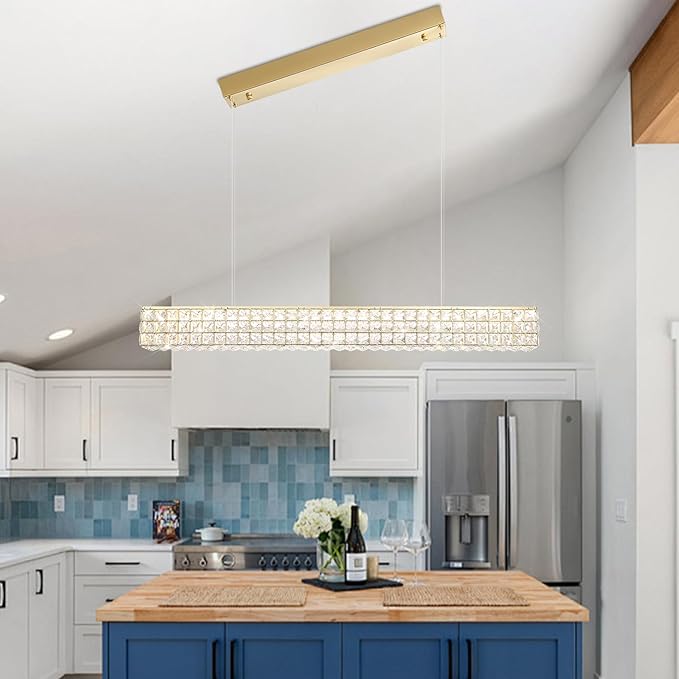 Rectangle Crystal Chandelier Modern Gold Crystal Chandelier Rectangular Pendant Lighting Fixture for Dining Room Kitchen Island Bedroom (L 40")-Ruum Studio Home