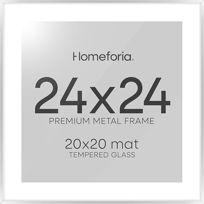 Homeforia 24x24 Silver Picture Frame, High End Metal 24 x 24 Large Square Silver Frames with Mat 20 by 20 inch Photo, 24by24 Thin Poster Frame Matted to 20x20 Print, Tempered Glass, Wall Kit, Set of 1-Ruum Studio Home