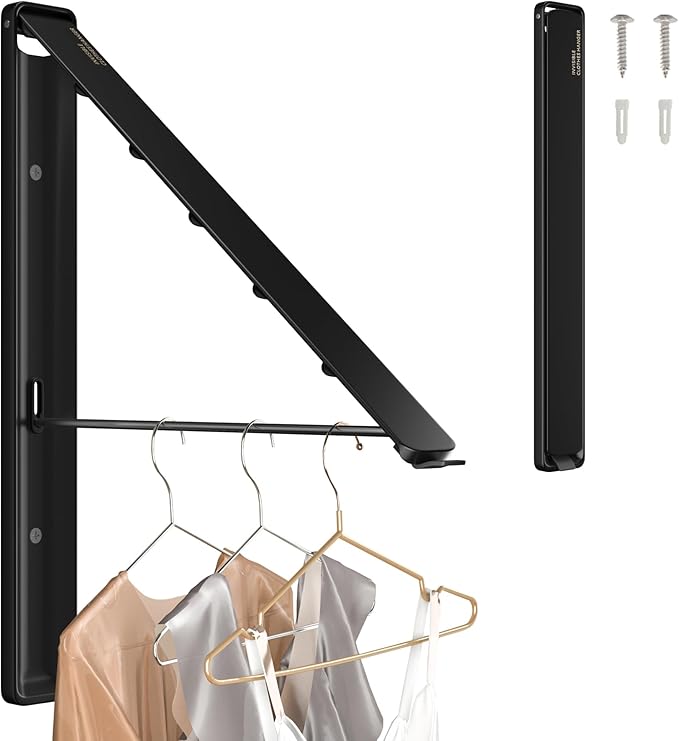 Dr.DJ Clothes Drying Rack Wall Mounted, Retractable & Foldable Clothes Hanger for Laundry Room Organization and Storage, Clothes Hanger Rack for Dorm, Closet, Balcony, Laundry Room(1P, Metal, Black)-Ruum Studio Home