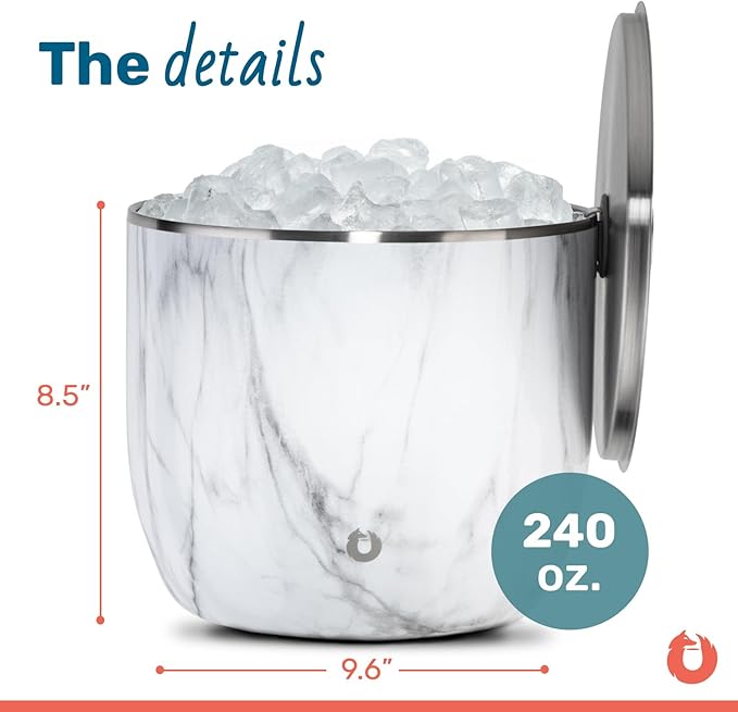 SNOWFOX XL Premium Vacuum Insulated Double Wall Stainless Steel Ice Bucket with Lid/Scoop, Bar Accessories, Large Elegant Party Bucket, Chills Several Bottles,Beautiful Entertaining Supplies,7L,Marble-Ruum Studio Home