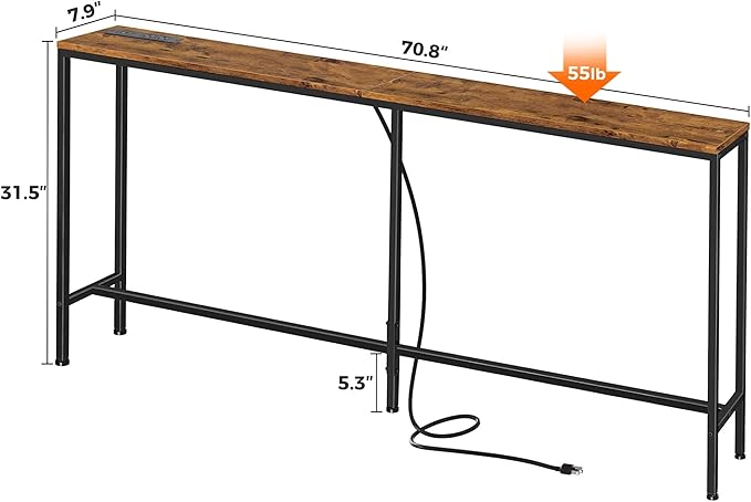SUPERJARE 70 Inch Console Table with Outlet, Sofa Table with Charging Station, Narrow Entryway Table, Skinny Hallway Table, for Living Room, Rustic Brown-Ruum Studio Home