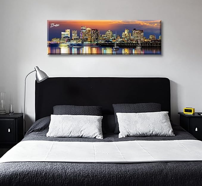 DJSYLIFE Boston Skyline Wall Art Canvas Prints Colorful USA City Night Pictures Modern Panoramic Cityscape Posters Paintings for Bedroom Office Decor, Ready to Hang 13.8"x45.3"-Ruum Studio Home
