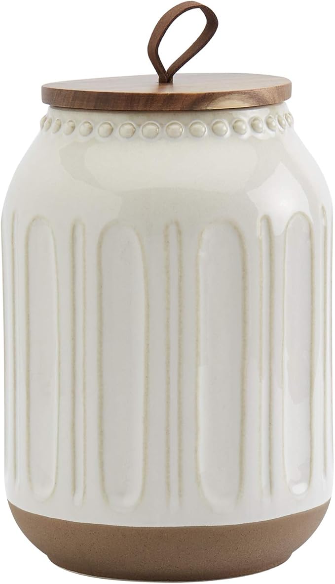 TTU Tabletops Gallery Ceramic Canister Collection- Stoneware Designed Kitchen Storage Embossed Acacia Wood White Set, 3 Piece Embossed Ziggy White Canister Set-Ruum Studio Home