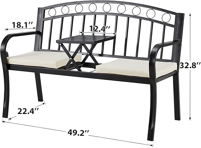 AVAWING Outdoor Metal Garden Bench, 2-Seat Patio Porch Bench with Steel Frame, Park Bench w/Pullout Middle Table＆ Cushion for Backyard Lawn Deck Entryway, Black-Ruum Studio Home