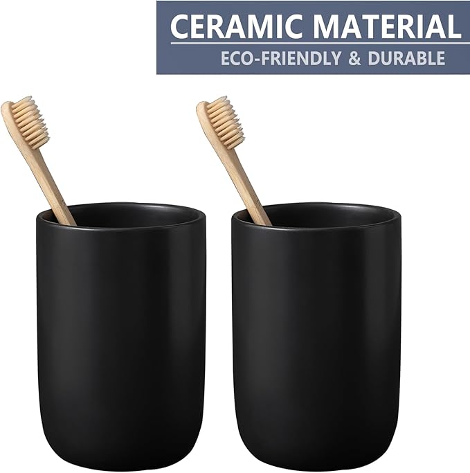 Matte Black Toothbrush Holders for Bathrooms - 2 Cups Ceramic Toothbrush Toothpaste Holders Set, Black Bathroom Tumbler Cups Reusable Toothbrush Cup Black Mouthwash Cup, Bathroom Counter Organizer-Ruum Studio Home