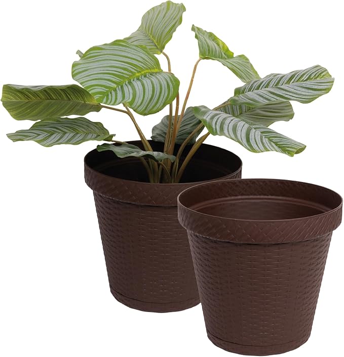 Elly Décor Set of 2 10 inch Round Saucer Modern Self Watering Planter Plates, Pots with Rattan-Like Finish, 10x10 chococlate Brown-Ruum Studio Home