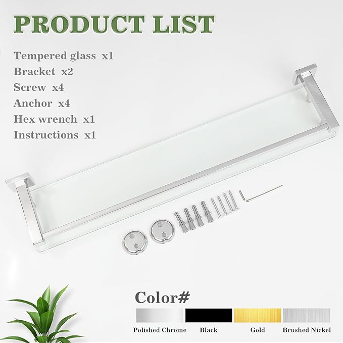 Alise Bathroom Shelf Wall Mounted, Polished Chrome Large Capacity Glass Shelf for Bathroom, 24 inch-Ruum Studio Home