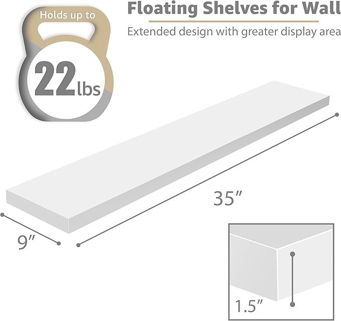Sorbus Floating Shelves for Wall - 35 Inch Long Bathroom Shelves, Wall Decor for Bedroom, Kitchen, Living Room & Book Storage - Mounted Floating Shelf with Invisible Brackets (White, 2 Pack)-Ruum Studio Home