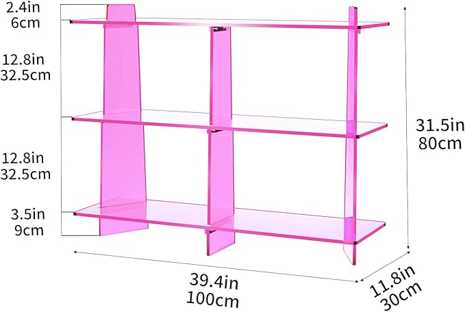 Acrylic Bookshelf, Small 3 Tier Open Bookcase for Small Spaces,Sofa Table, Hallway Entry Table for Home Living Room (Pink, 39.4'' x 11.8'' x 31.5'')-Ruum Studio Home