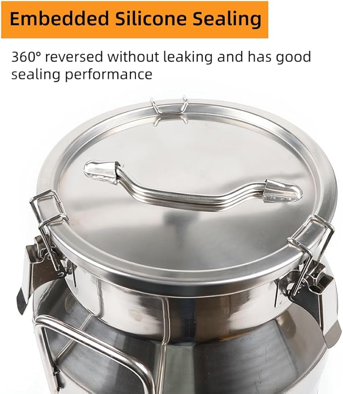 Stainless Steel Milk Can, 12L/3.16 Gallon Heavy Duty Airtight Storage Canister Milk Bucket with Lid, Embedded Silicone Milk Jug Wine Pail Water Cereals Bucket with Three Latches and Two Handles-Ruum Studio Home