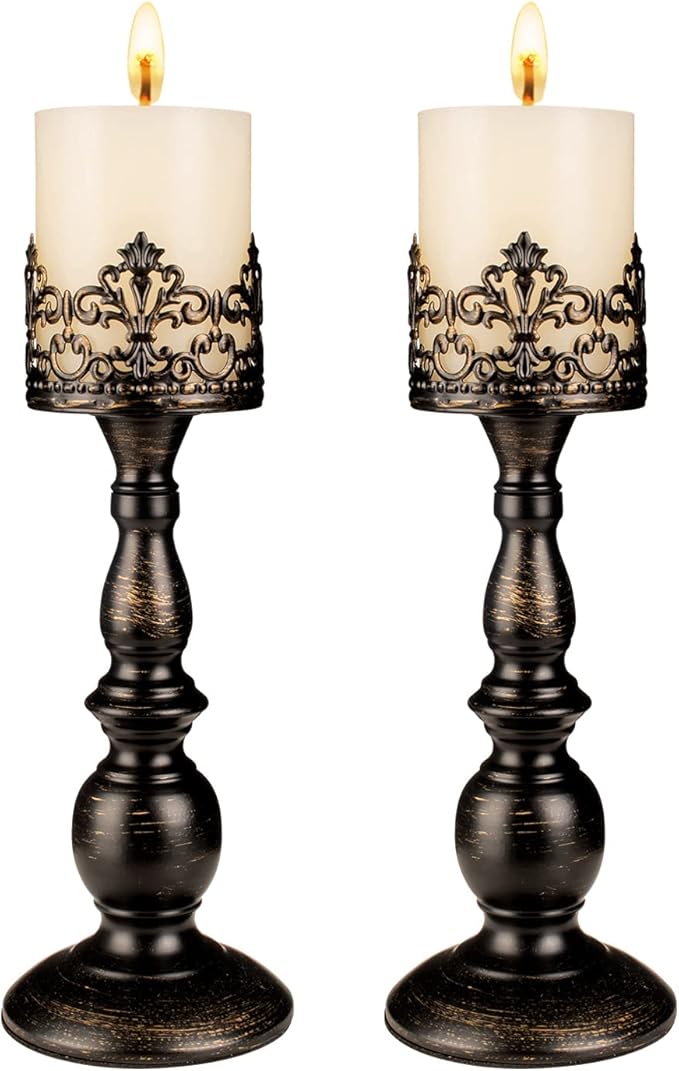 Candle Holders for Pillar Candles Gothic Matte Black Vintage Tall Candle Holders Set of 2 Decorative Large Table Centerpieces Candle Stand Decor (Distressed Black 2PCS A)-Ruum Studio Home