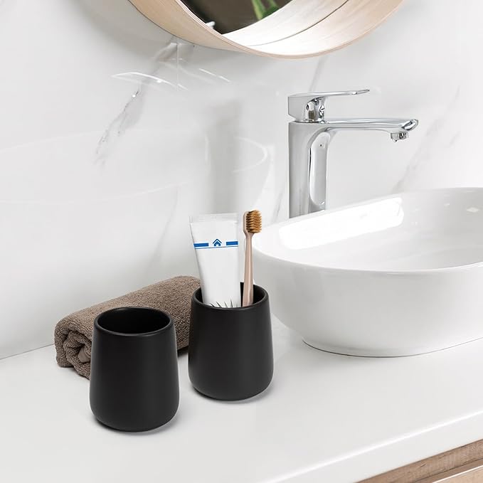 Bathroom Tumbler Cup Ceramic 2Pcs 13.5oz Reusable Toothbrush Cup 400ml, Toothbrush Holder Adequate for Your Bathroom (Black Brown)-Ruum Studio Home