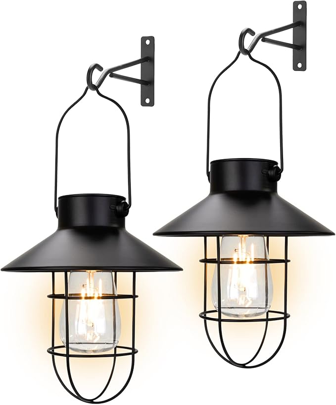pearlstar Solar Lantern Outdoor 2 Packs Hanging Light Metal Solar Lamp with Warm White Edison Bulb Design for Garden Yard Patio Proch Decor(Black)-Ruum Studio Home