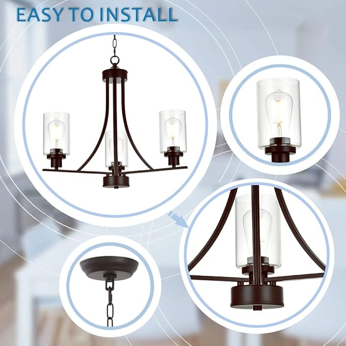 BONLICHT 3 Lights Oil-Rubbed Bronze Traditional Chandelier Rustic Kitchen Island Lighting Fixtures Hanging Clear Glass Cylinder Pendant Lights Classic Ceiling Light for Dining Room Bedroom Foyer-Ruum Studio Home