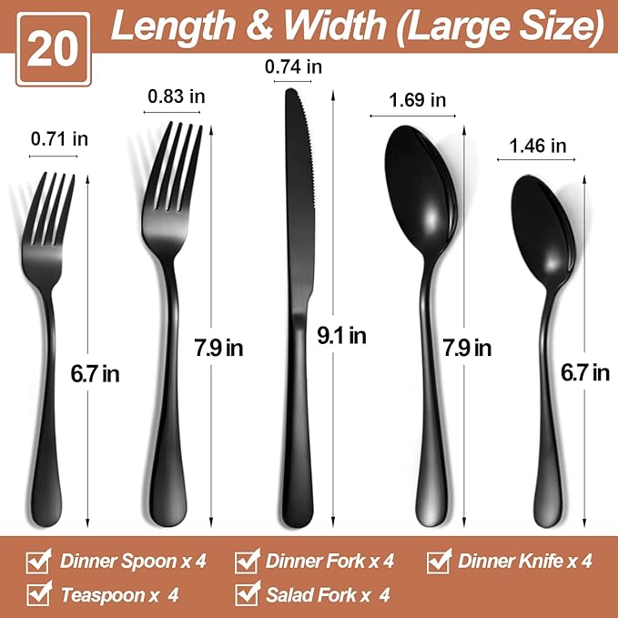 Lazycorner 20 Pcs Black Silverware Set for 4, Mirror Polished Flatware Set Stainless Steel Fork Knife Spoon, Food Grade Eating Utensils Sets, Reusable Silverwear Cutlery Set, Dishwasher Safe-Ruum Studio Home