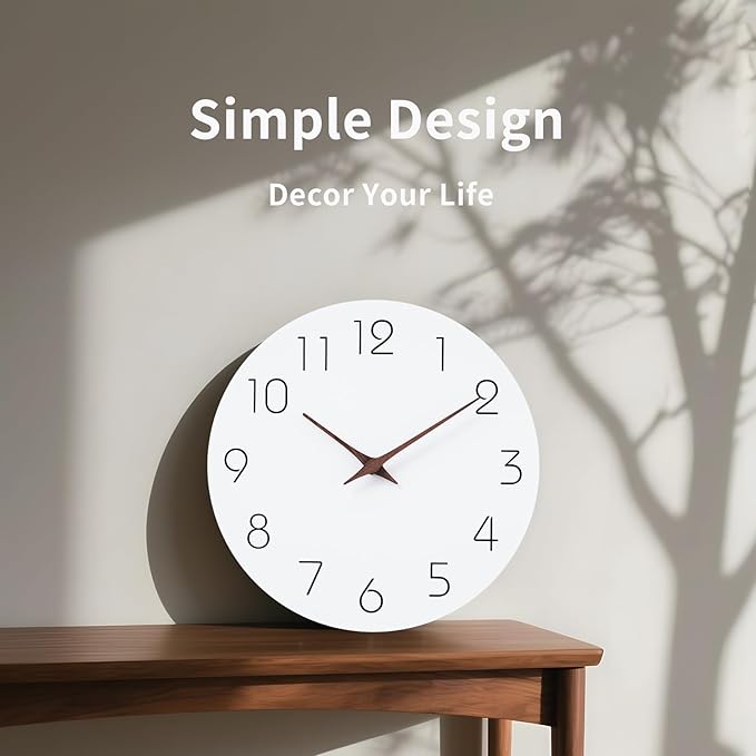 Mosewa Wall Clock 14 Inch White Silent Non Ticking Battery Operated Simple Minimalist Wooden Clock Decorative for Kitchen Bathroom Home Bedroom Living Room Office-Ruum Studio Home