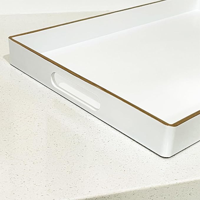 Large White Rectangular Decorative Tray – Plastic Serving Tray with Handles for Coffee Table, Ottoman, Living Room, 15.7” x 11.8” x 1.6-Ruum Studio Home