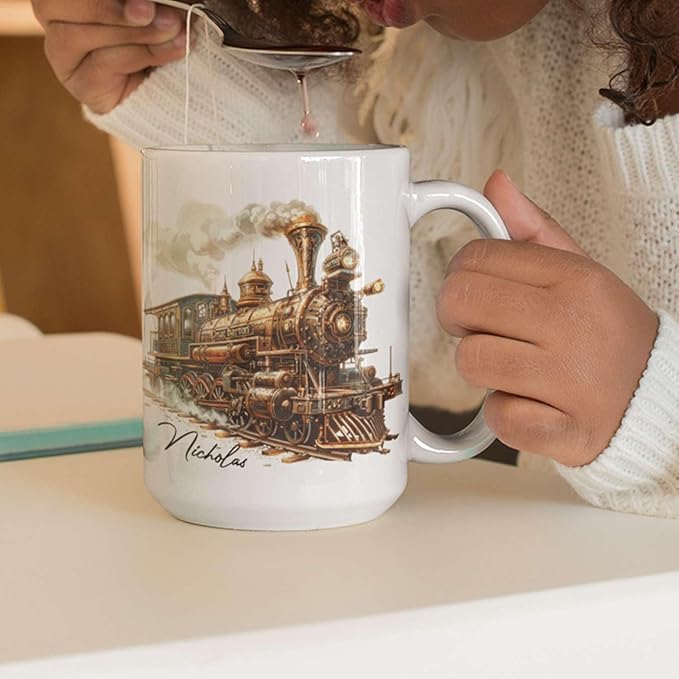 Customized Vintage Locomotive Design Ceramic Cup, Personalized Steampunk Train Coffee Mug 11oz 15oz, Unique Custom Name Mug Gift For Train Enthusiasts, Steam Engine White Mug-Ruum Studio Home