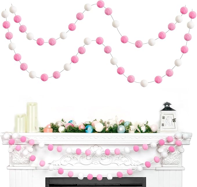 TBD Decor 2pk Pink Pom Pom Garland 13FT 4cm Large Felt Ball Garland Shower Decorationsfor Mantle,Indoor Holiday Wedding Birthday Gender Reveal Party Supplies-Ruum Studio Home