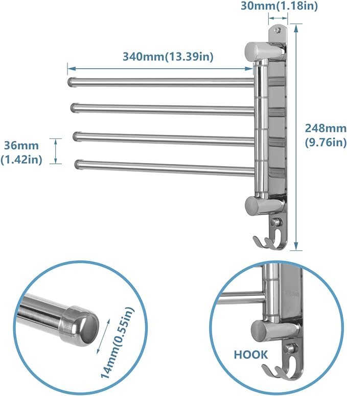 Bathroom Towel Rack JSVER 4 Arms Swivel Towel Holder, Towel Bar Wall Mounted, SUS304 Stainless Steel Space Saving Towel Rack, Towel Racks for Bathroom, Kitchen-Ruum Studio Home
