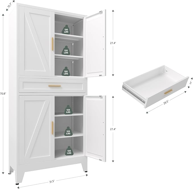 71 "Farmhouse Metal Filing Cabinet with a Drawer and 4 Adjustable Shelves, with 4 Large barn Door White Kitchen Cabinets, Metal Food Cabinets for Home, Kitchen, Dining/Living Room (White)-Ruum Studio Home