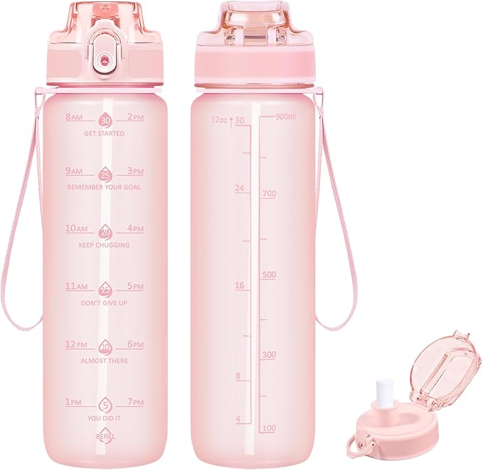 32oz Motivational Water Bottles with Time Marker & Fruit Strainer, Transparent Gradient Color Water Bottle with Times to Drink, Leakproof & BPA Free, Reusable Bottle with Strap (No Straw)-Ruum Studio Home