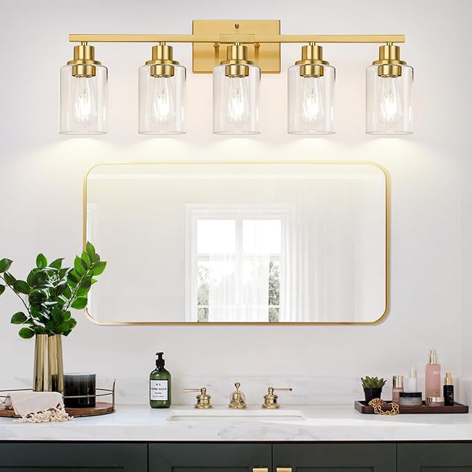 5-Light Bathroom Vanity Light with Clear Glass Shades, Brushed Gold Bathroom Light Fixtures Over Mirror, Modern Vanity Light for Mirror Living Room Cabinet Bedroom Porch-Ruum Studio Home