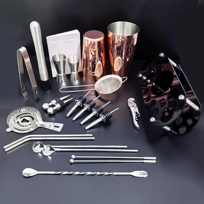 22-Piece Cocktail Shaker Set, 25/20oz Bartender Kit, Bartending Stainless Steel Bar Tools Sets for Drink Mixing, Boston Cocktail Shakers with Stand Recipes Booklet (Rose Gold-25-20oz)-Ruum Studio Home